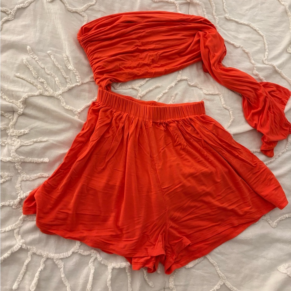 Free People Vibrant Orange One-Shoulder Romper